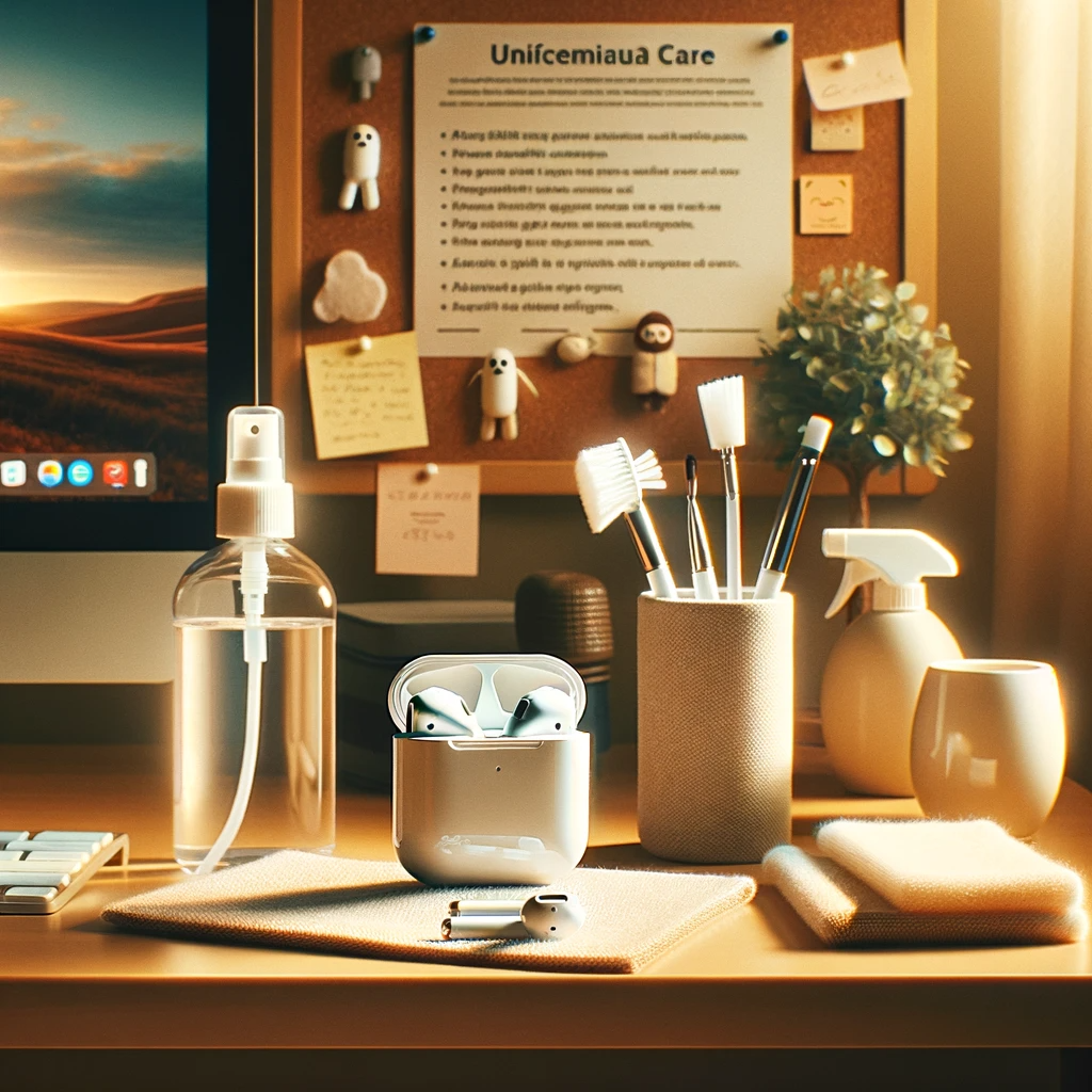 home-office-setting-showcasing-a-neatly-arranged-desk-with-AirPods-Max-various-cleaning-tools-like-a-microfiber-cloth-a-soft-brush-and-a-gen